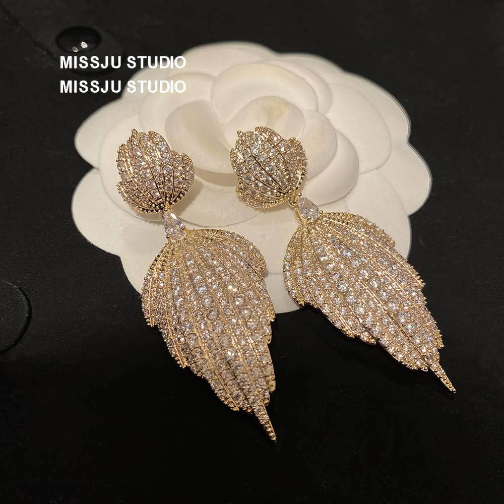 Double Leaf Paved Crystals Statement Dangle Earrings White