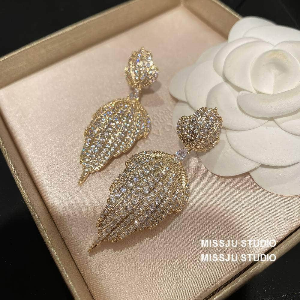 Double Leaf Paved Crystals Statement Dangle Earrings White