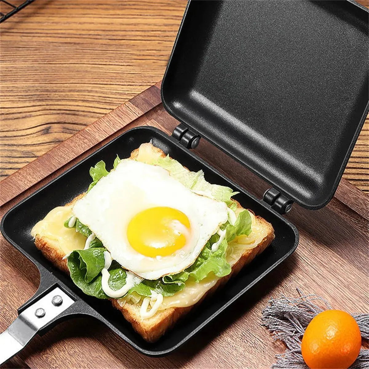 Double-Sided Non-Stick Grilled Sandwich and Panini Maker Pan with Handle - Aluminum Flip Pan, Sandwich Maker Black