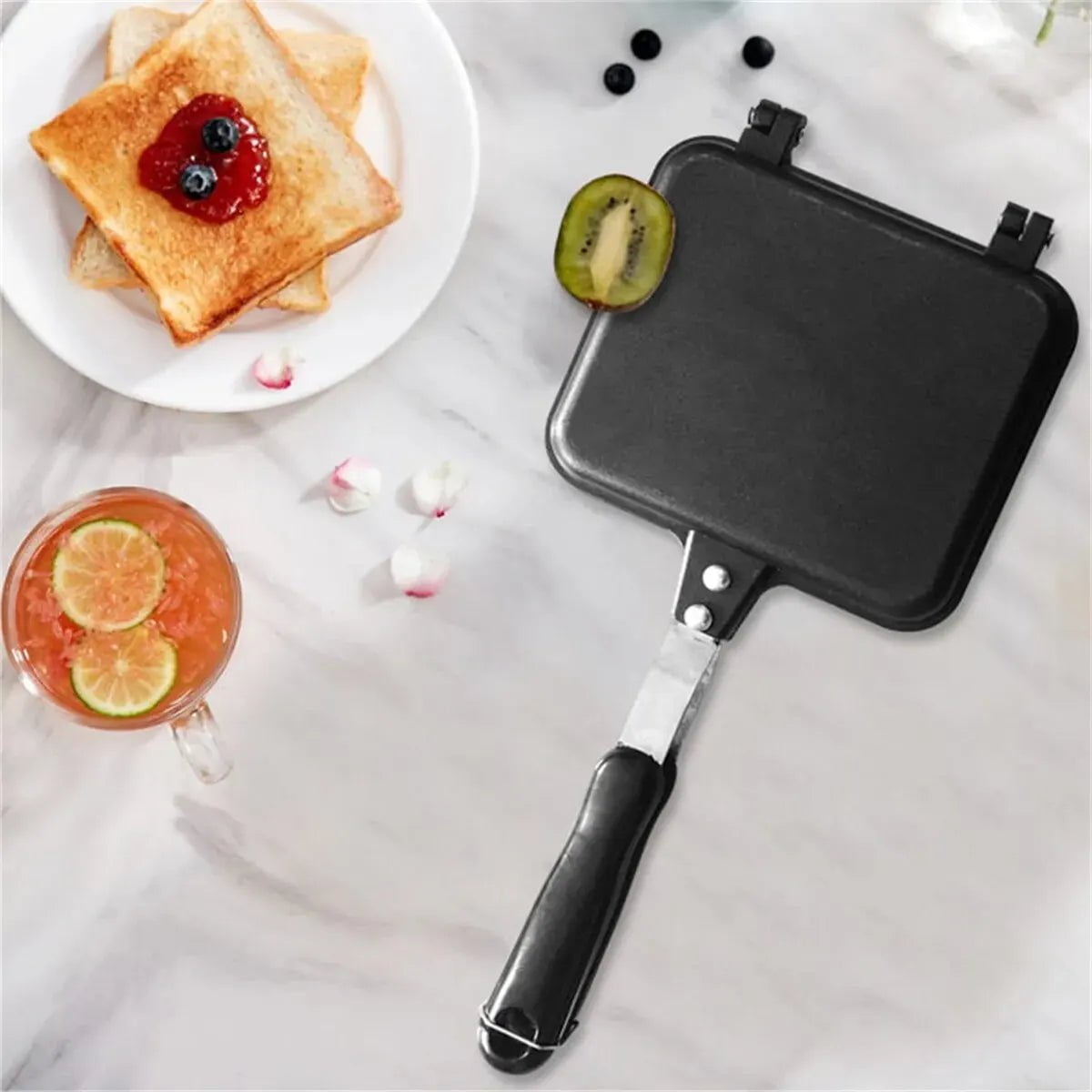 Double-Sided Non-Stick Grilled Sandwich and Panini Maker Pan with Handle - Aluminum Flip Pan, Sandwich Maker Black