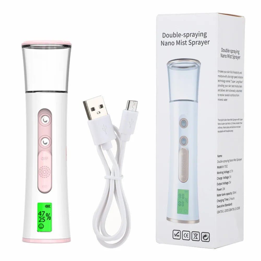 Double Spray-head Nano Mist Sprayer - Mini Hydrating Humidifier with LED Display, Portable Facial Steamer, Handheld Nebulizer for Skin Care Pink