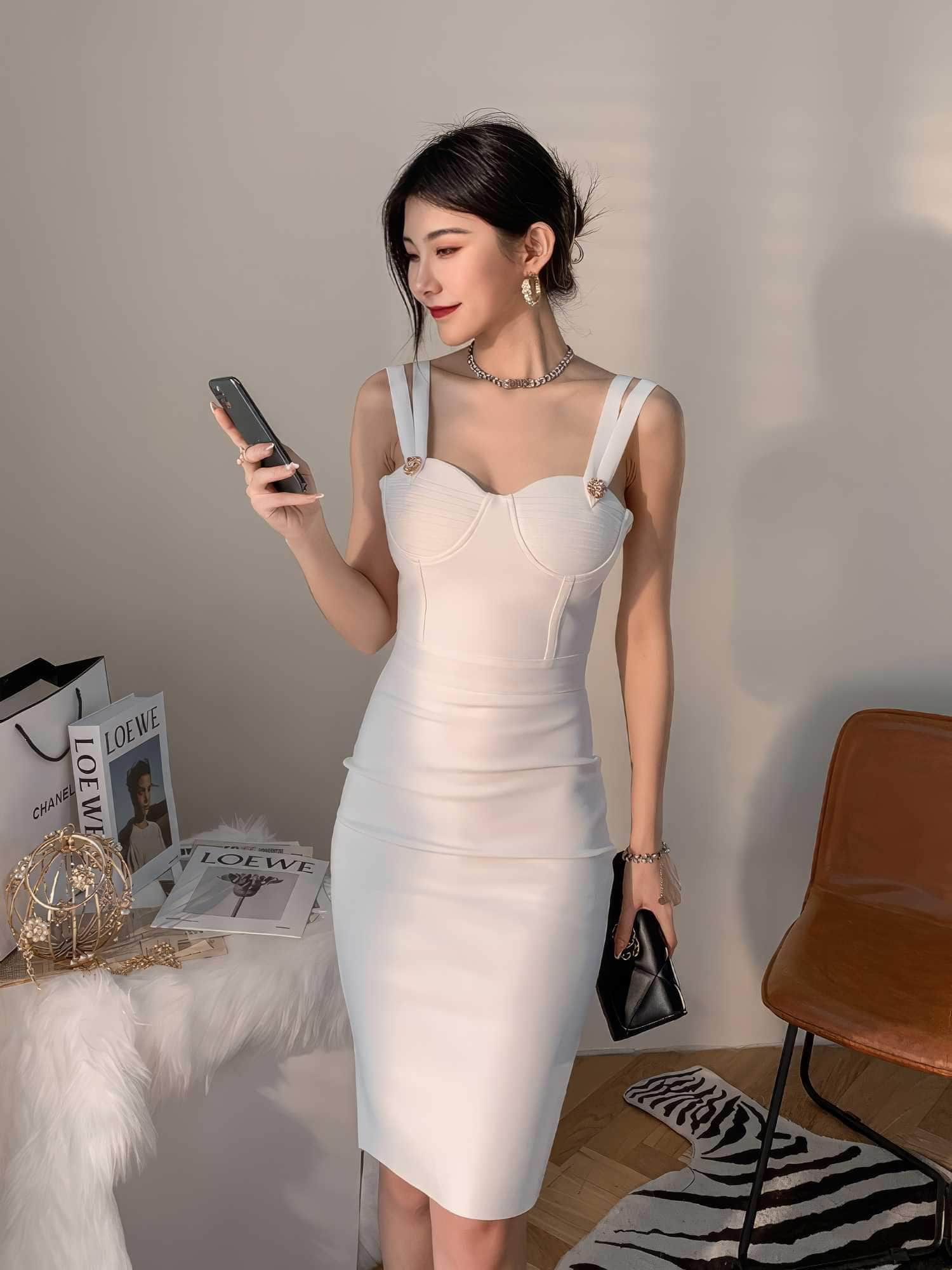 Double Strap Corset Bandage Midi Dress