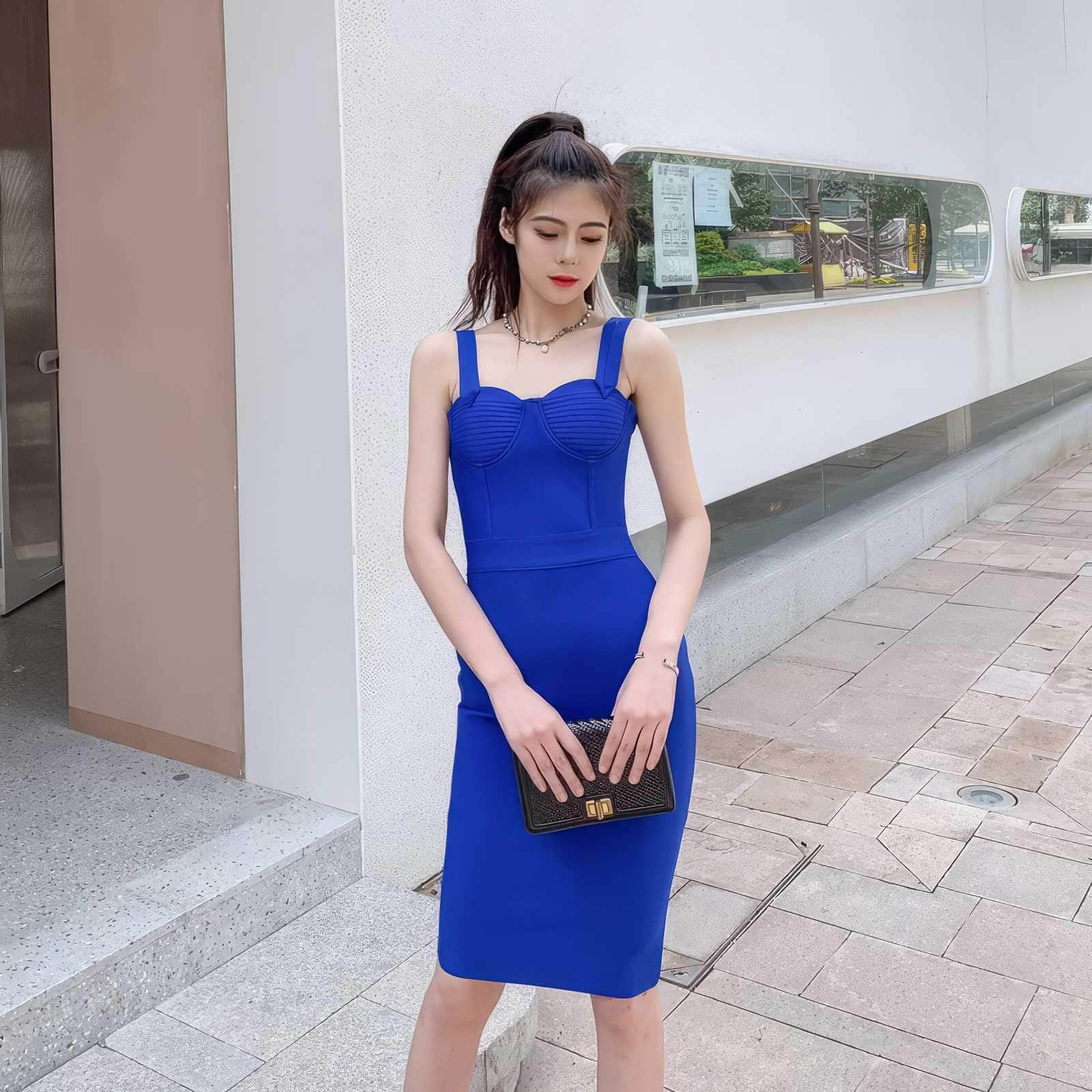 Double Strap Corset Bandage Midi Dress XS / Blue