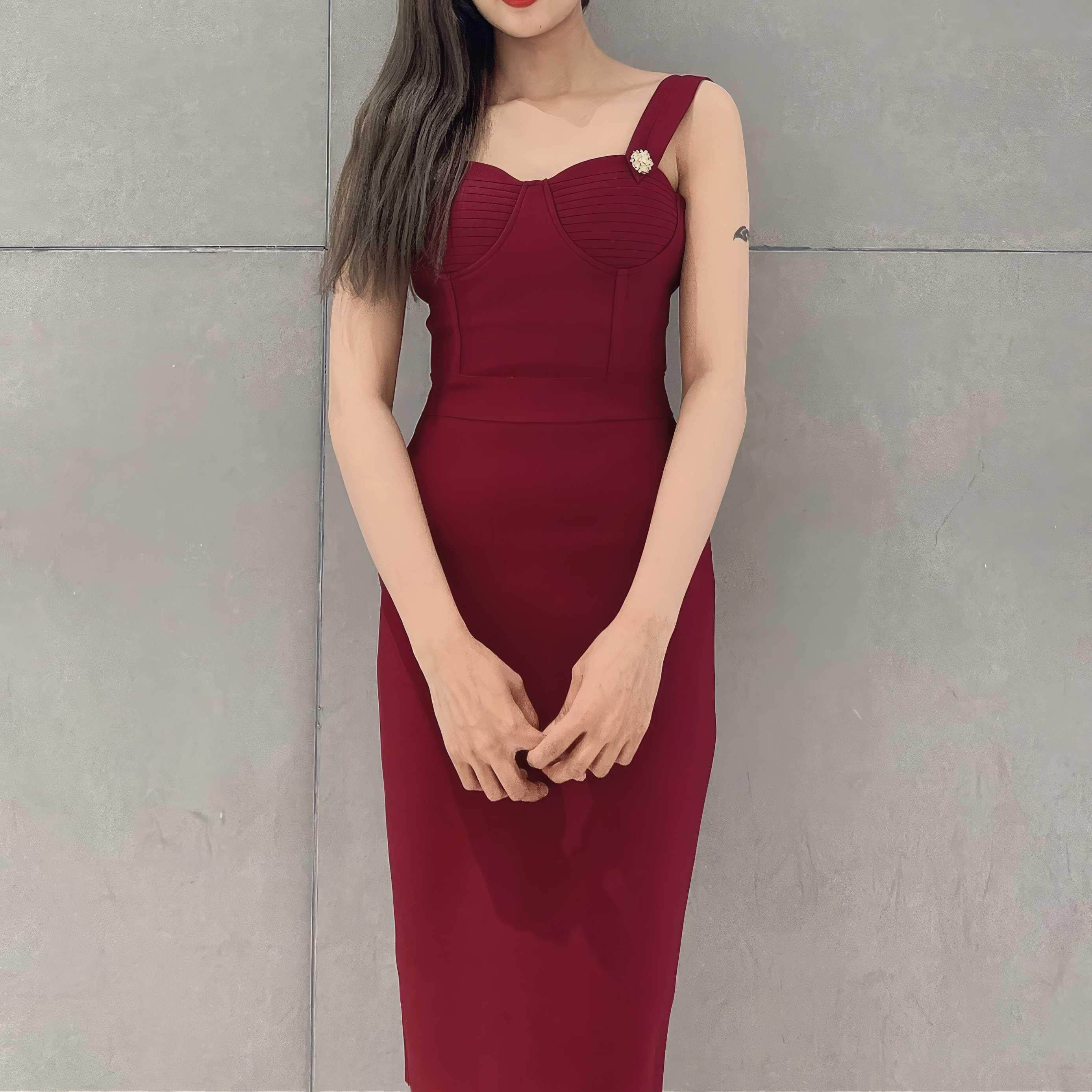 Double Strap Corset Bandage Midi Dress XS / Maroon