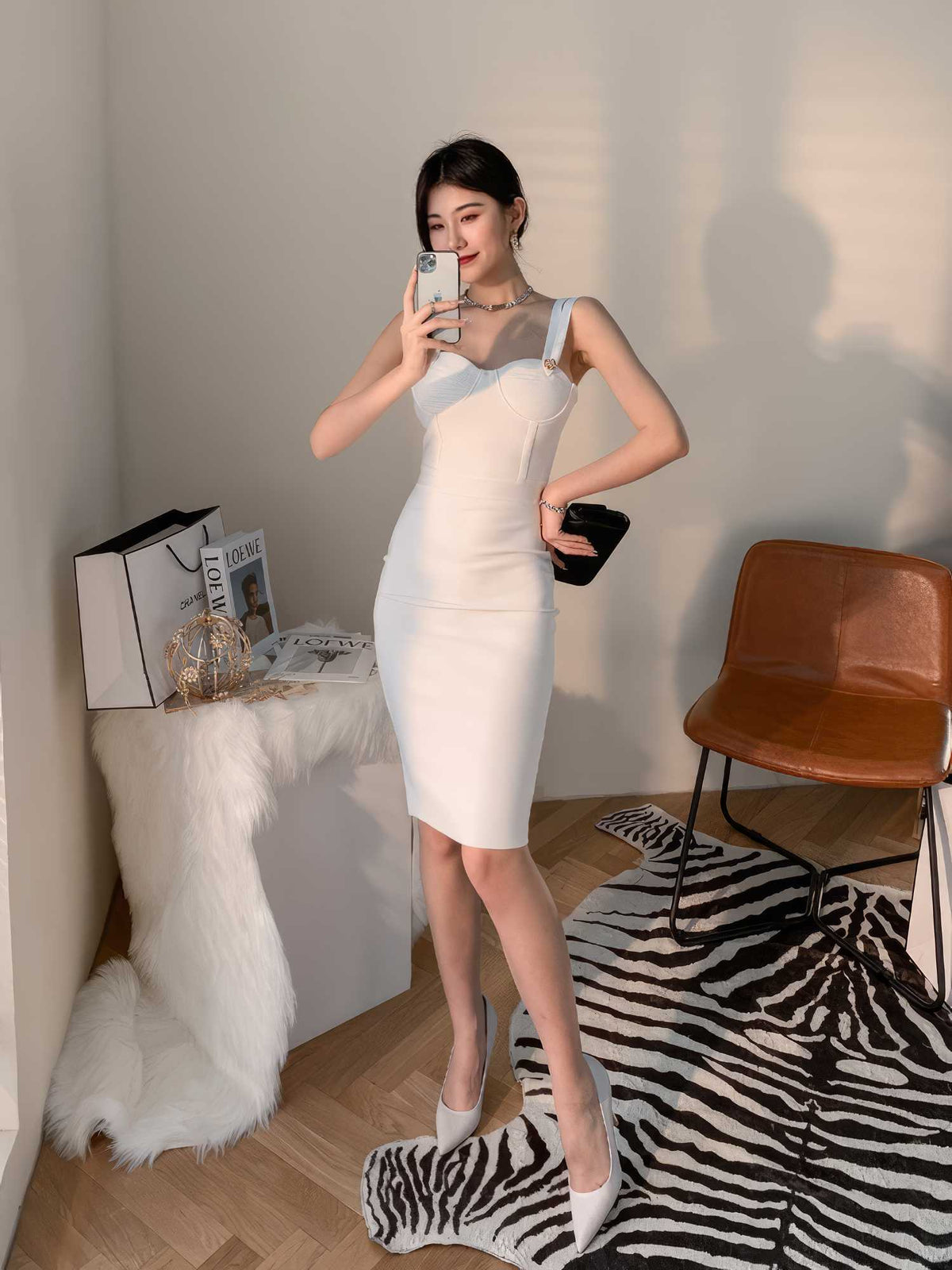 Double Strap Corset Bandage Midi Dress XS / White