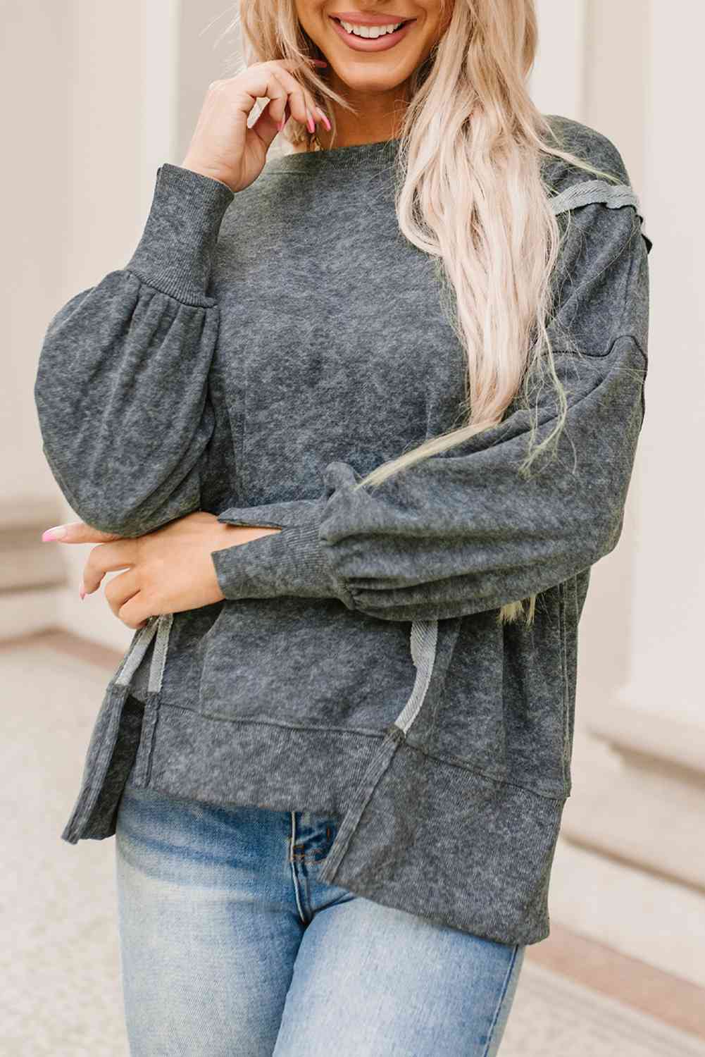 Double Take Acid Wash Round Neck Seam Detail Slit Sweatshirt Charcoal / S