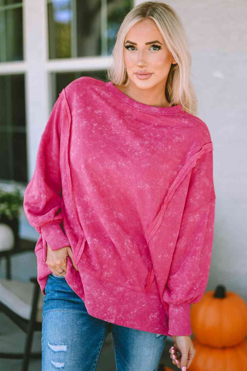 Double Take Acid Wash Round Neck Seam Detail Slit Sweatshirt Hot Pink / S