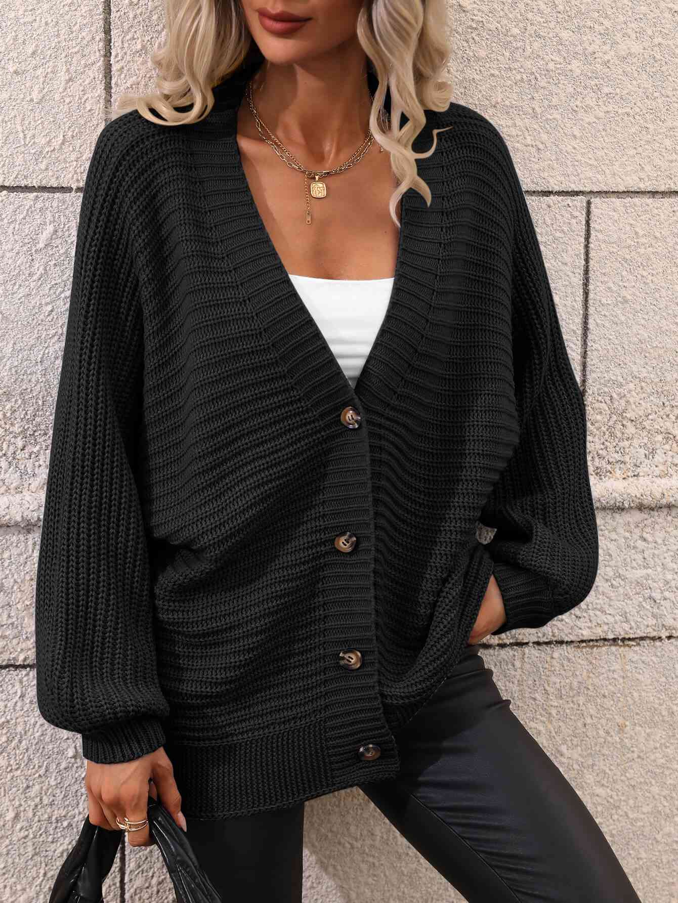 Double Take Button Down Horizontal-Ribbing Longline Cardigan Black / S