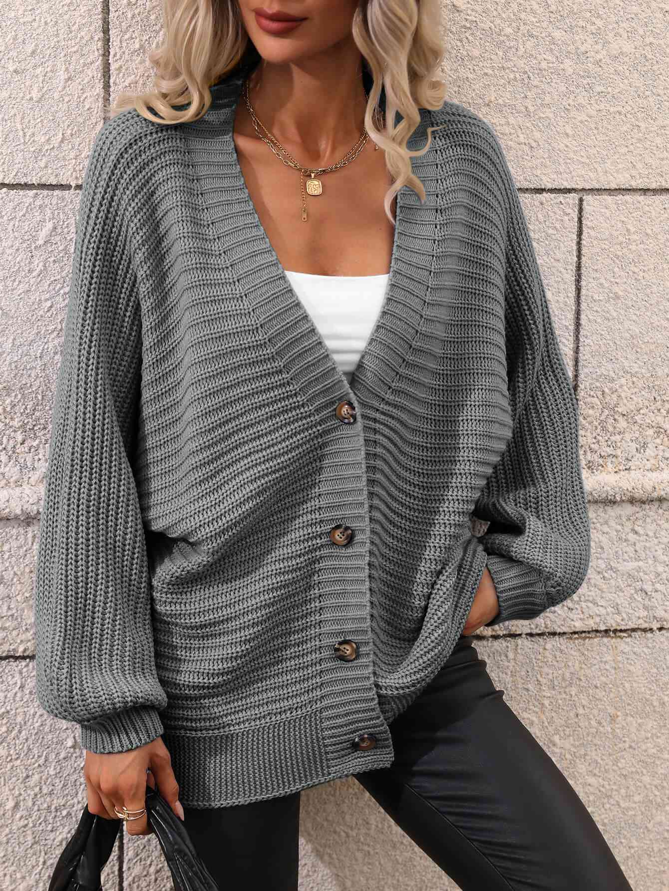 Double Take Button Down Horizontal-Ribbing Longline Cardigan Gray / S