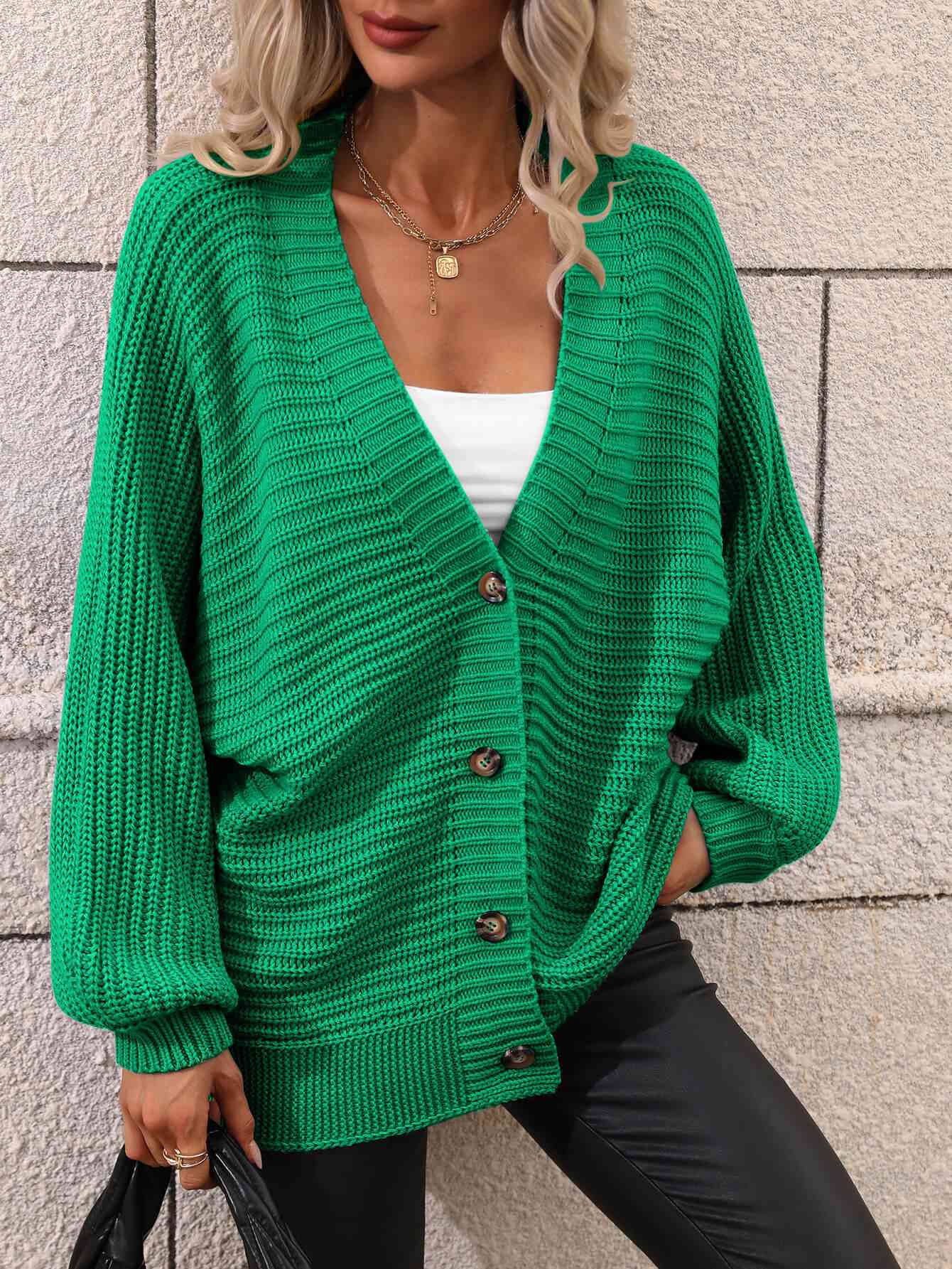 Double Take Button Down Horizontal-Ribbing Longline Cardigan Green / S