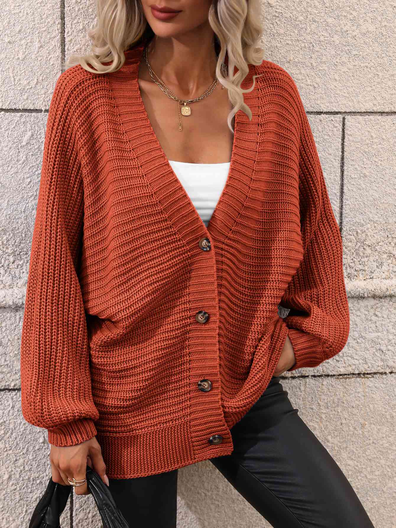 Double Take Button Down Horizontal-Ribbing Longline Cardigan Rust / S