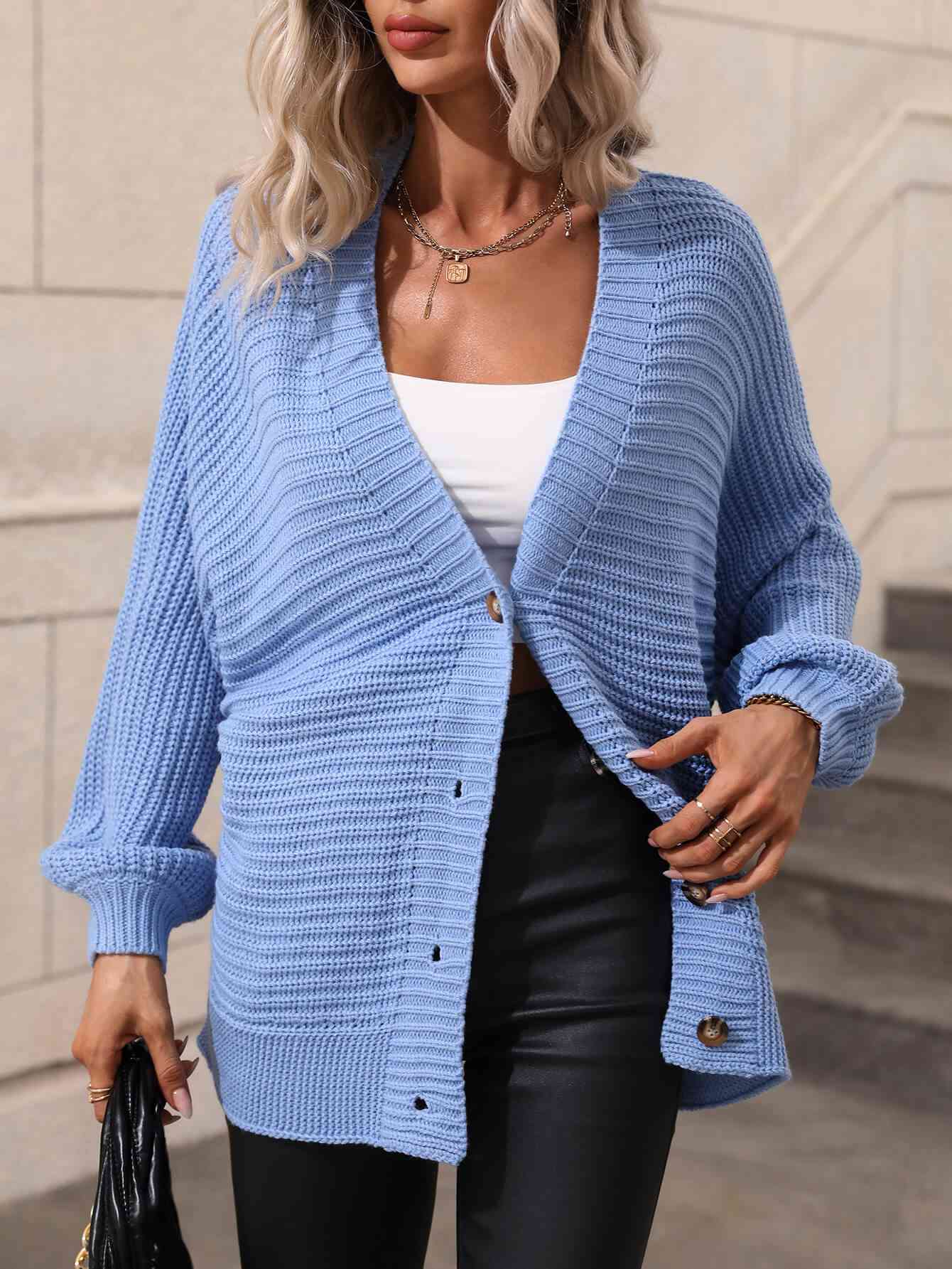 Double Take Button Down Horizontal-Ribbing Longline Cardigan Sky Blue / S