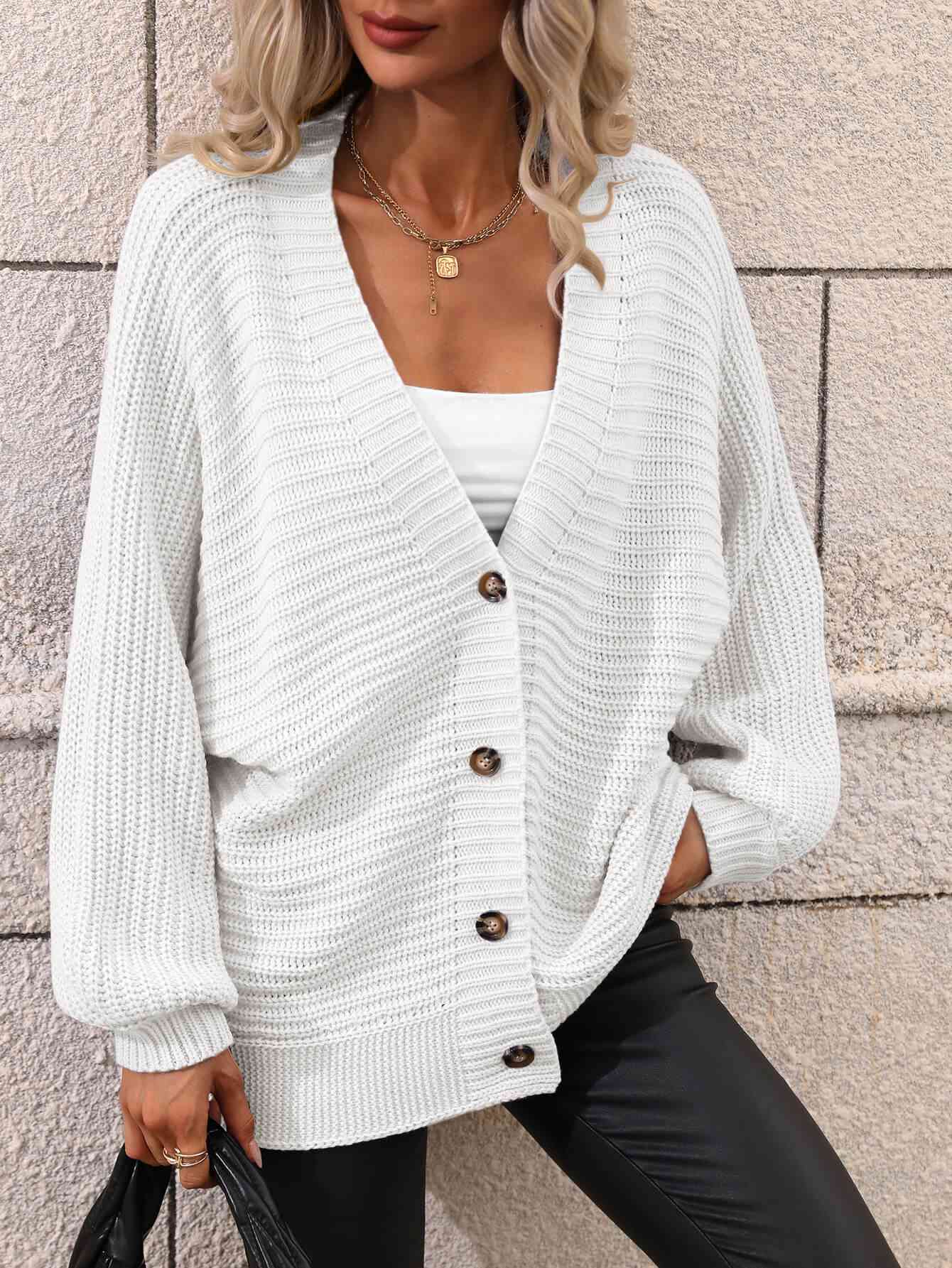 Double Take Button Down Horizontal-Ribbing Longline Cardigan White / S