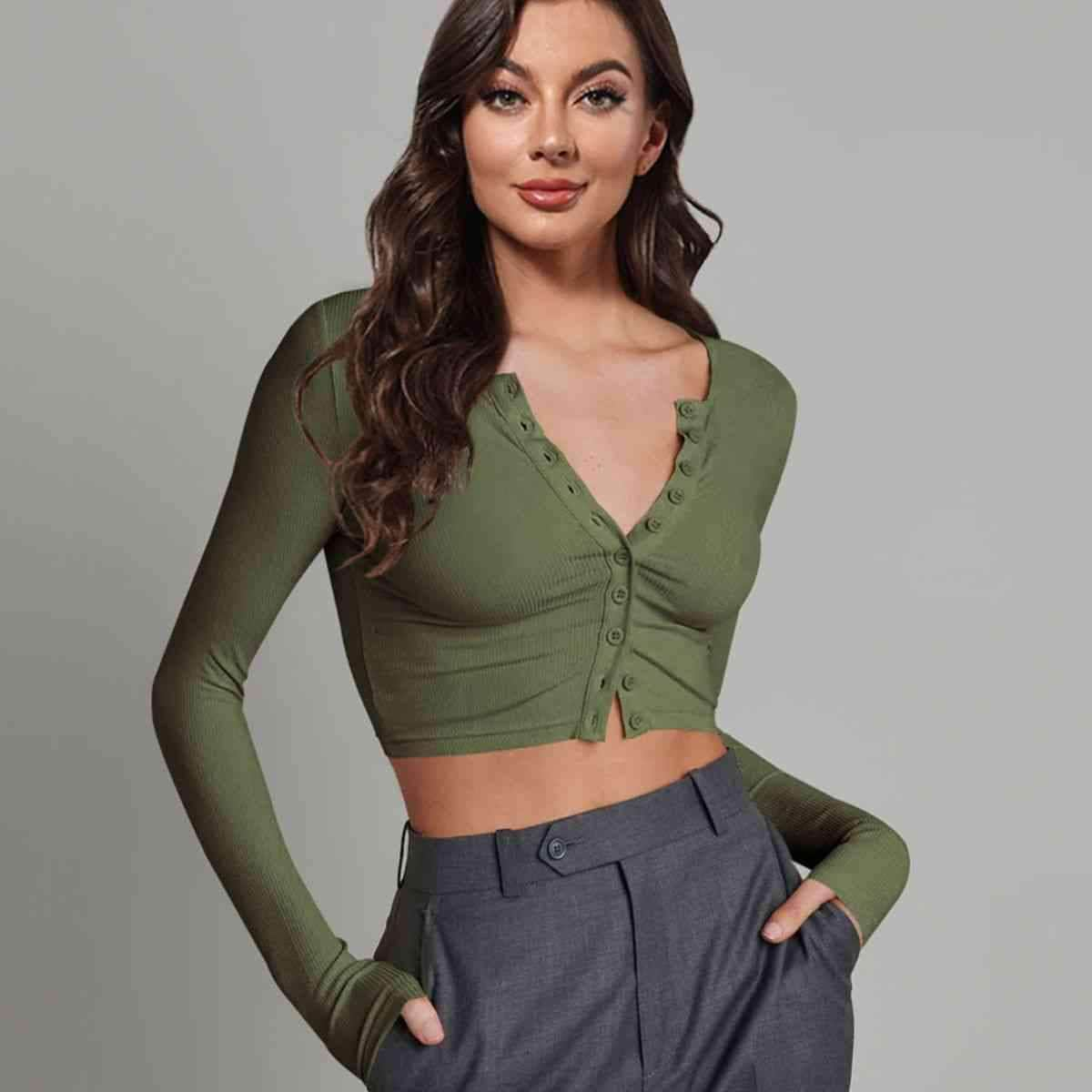 Double Take Button Down Long Sleeve Cropped Top Army Green / S