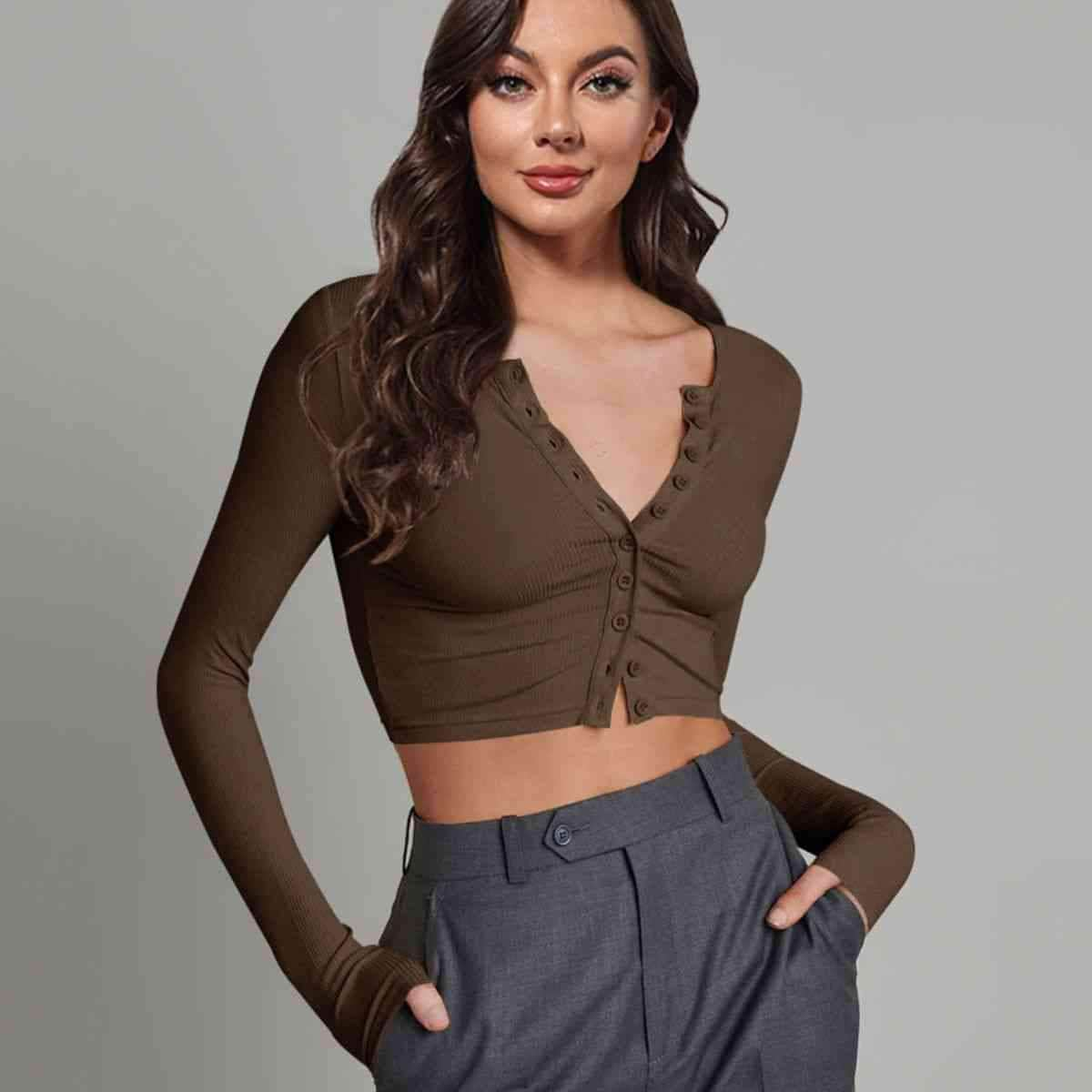 Double Take Button Down Long Sleeve Cropped Top Coffee Brown / S