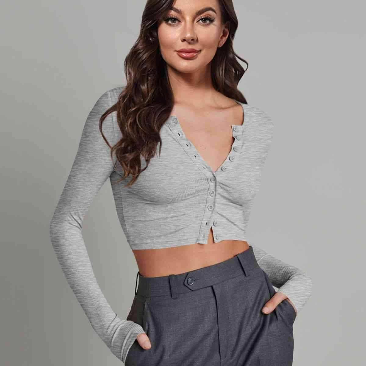 Double Take Button Down Long Sleeve Cropped Top Light Gray / S