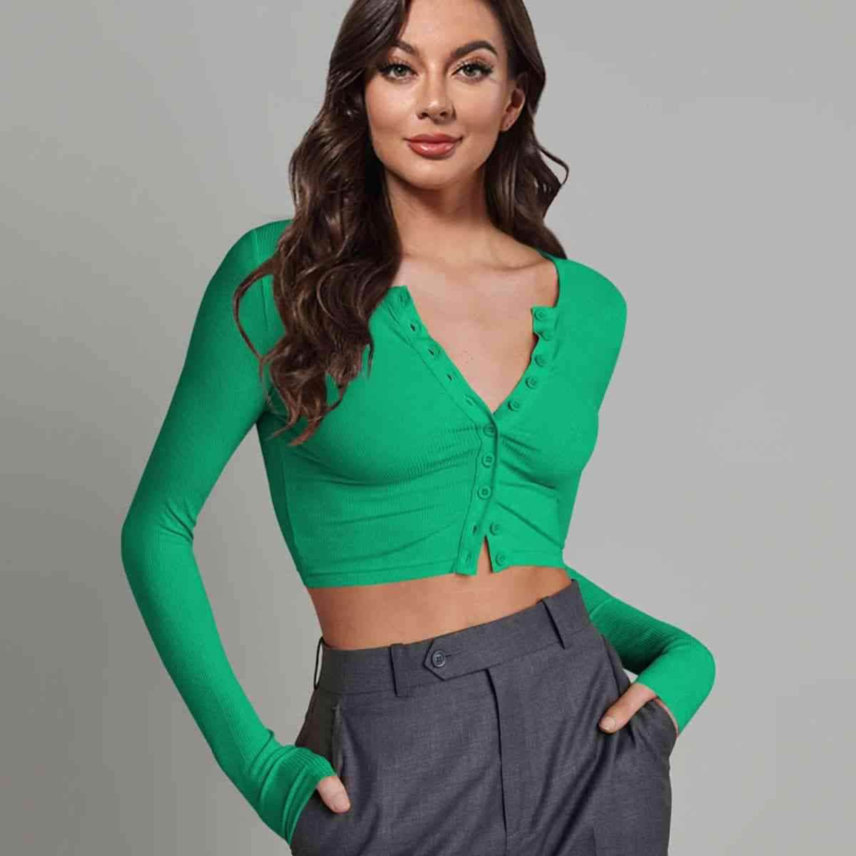 Double Take Button Down Long Sleeve Cropped Top Mid Green / S