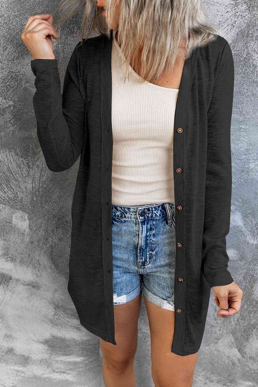 Double Take Button Down Long Sleeve Longline Cardigan Black / S