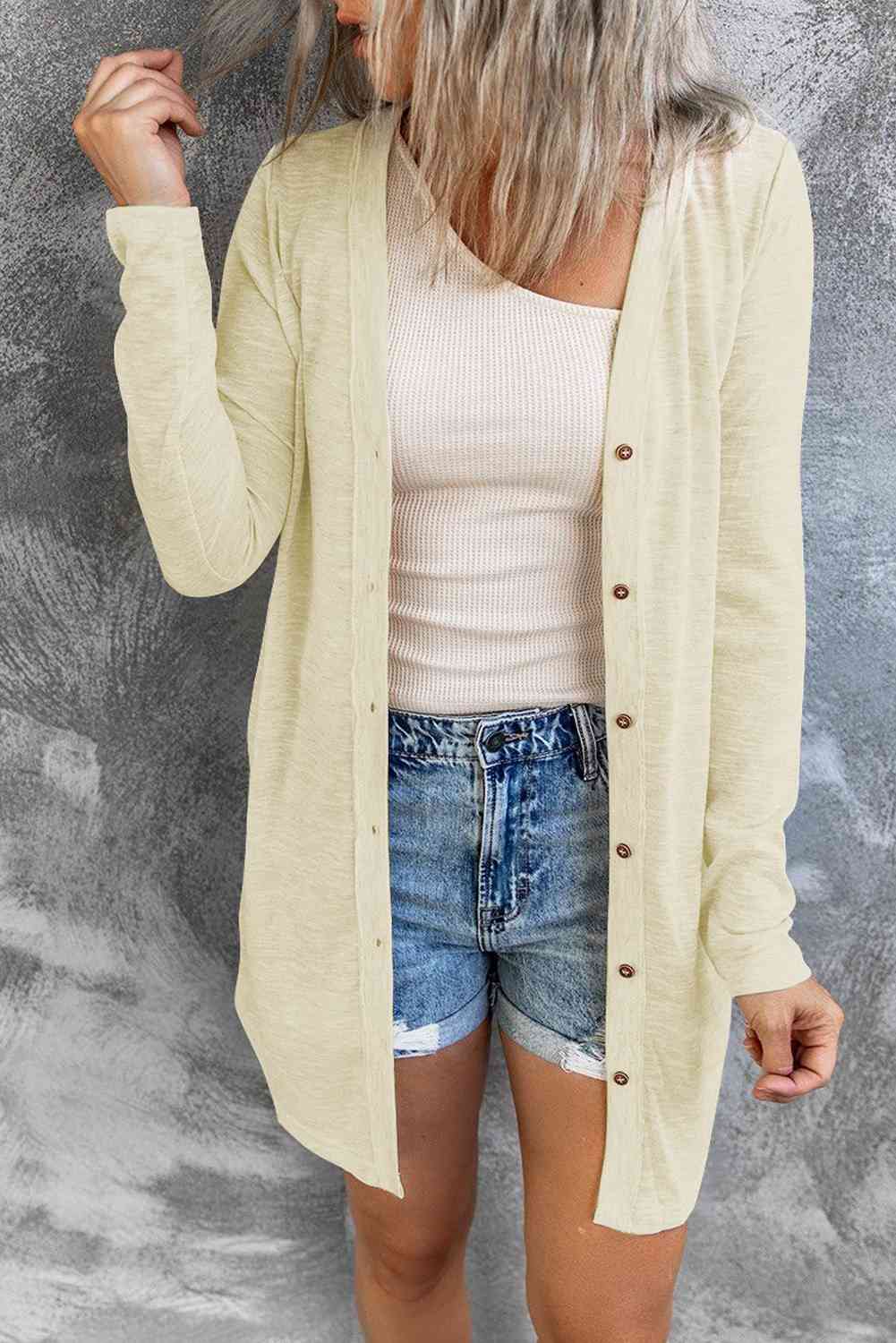 Double Take Button Down Long Sleeve Longline Cardigan Ivory / S