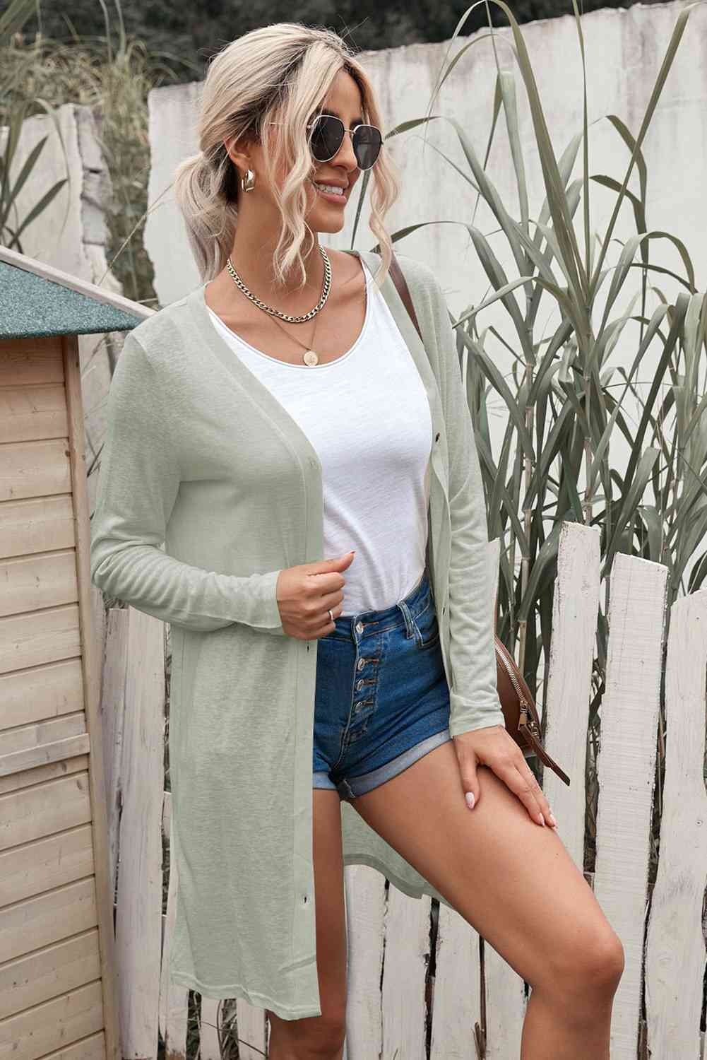 Double Take Button Down Long Sleeve Longline Cardigan Light Gray / S