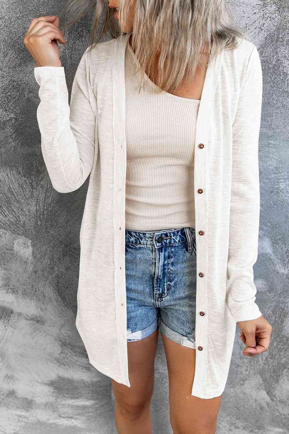 Double Take Button Down Long Sleeve Longline Cardigan White / S