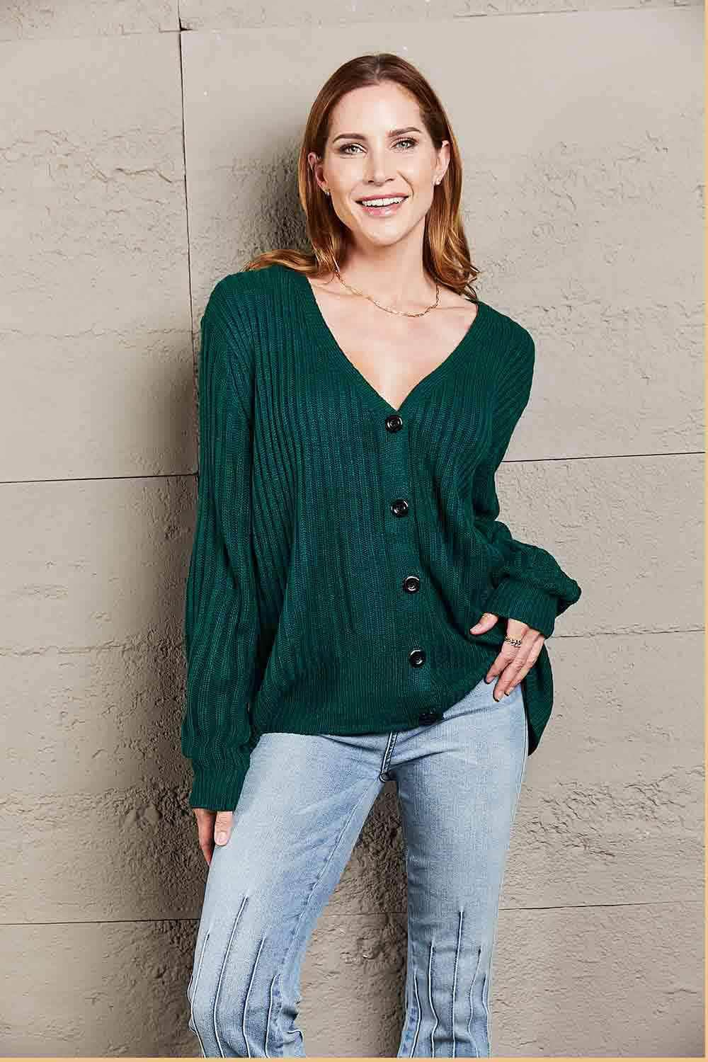 Double Take Button Down Rib-Knit Cardigan Teal / S