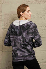 Double Take Camouflage Drawstring Detail Zip Up Hooded Jacket