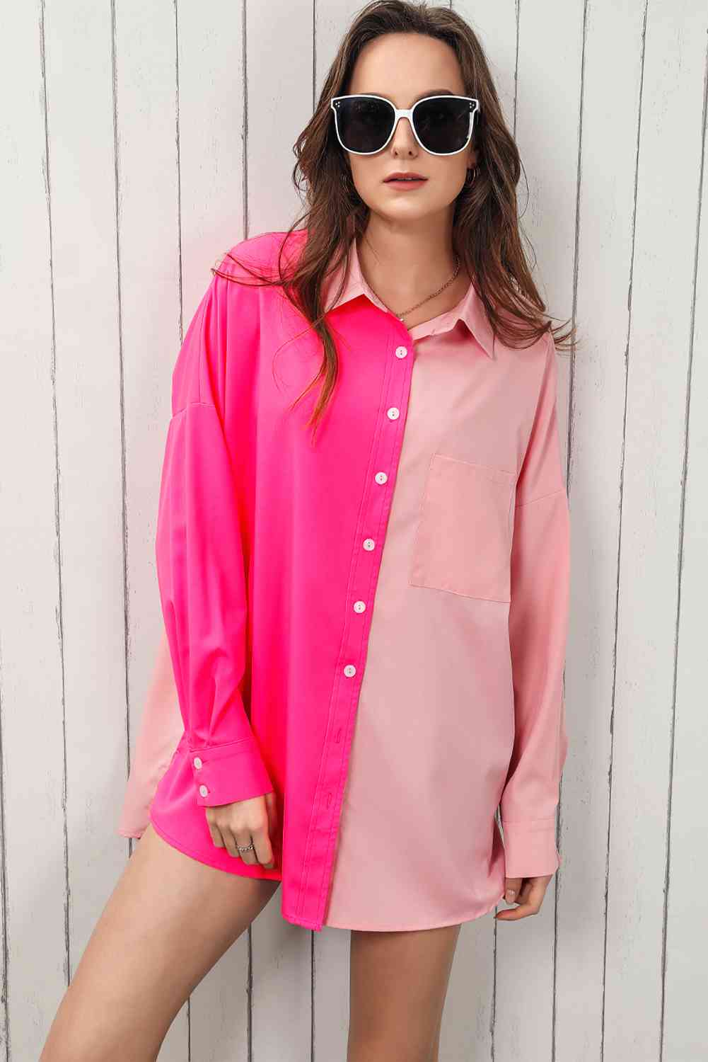 Double Take Color Block Collared Longline Shirt Hot Pink / S