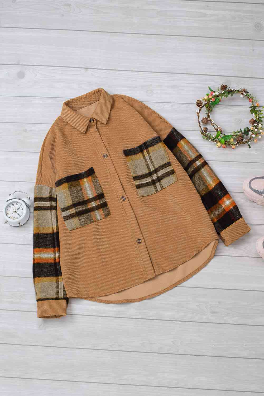 Double Take Color Block Corduroy Dropped Shoulder Jacket Caramel / S