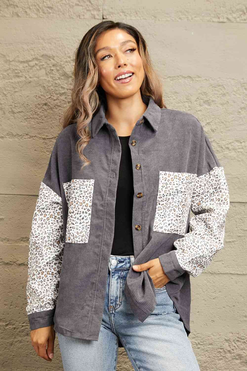 Double Take Color Block Corduroy Dropped Shoulder Jacket Gray / S