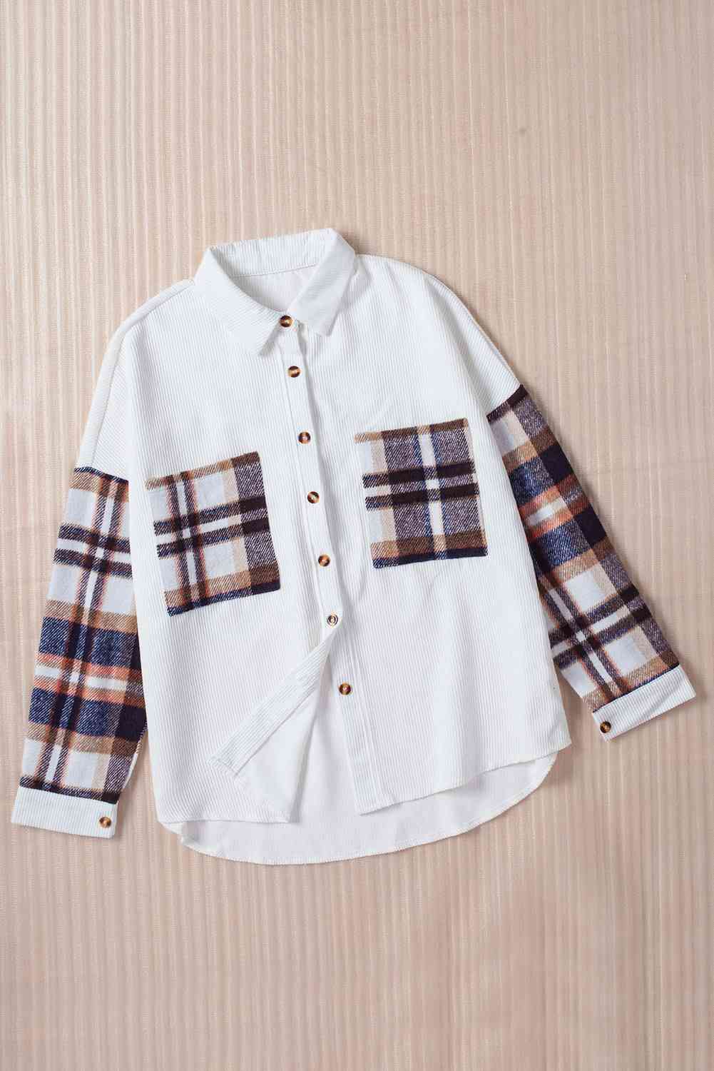 Double Take Color Block Corduroy Dropped Shoulder Jacket White/Plaid / S