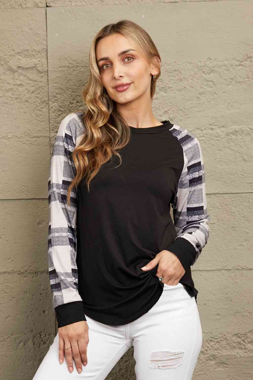 Double Take Color Block Curved Hem Long Sleeve Tee Charcoal / S