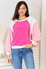 Double Take Color Block Dropped Shoulder Sweatshirt Hot Pink / S