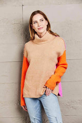 Double Take Color Block Turtleneck Slit Sweater Tan / S