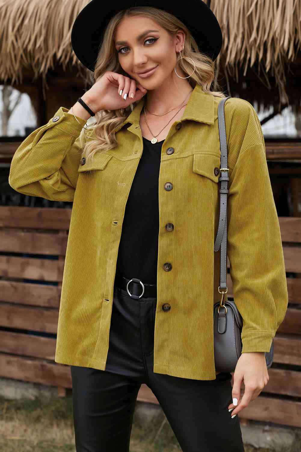 Double Take Corduroy Long Sleeve Button-Up Shirt Jacket Honey / S