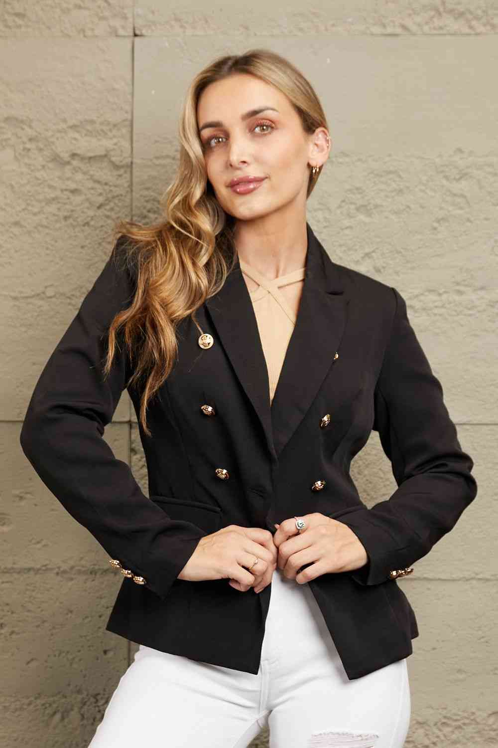 Double Take Double-Breasted Padded Shoulder Blazer Black / S