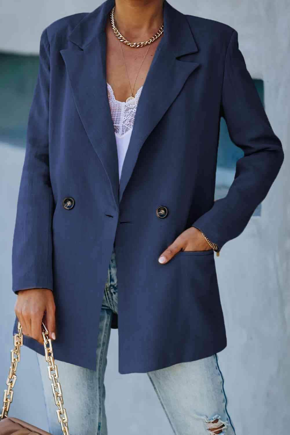 Double Take Double-Breasted Padded Shoulder Blazer with Pockets Blue / S