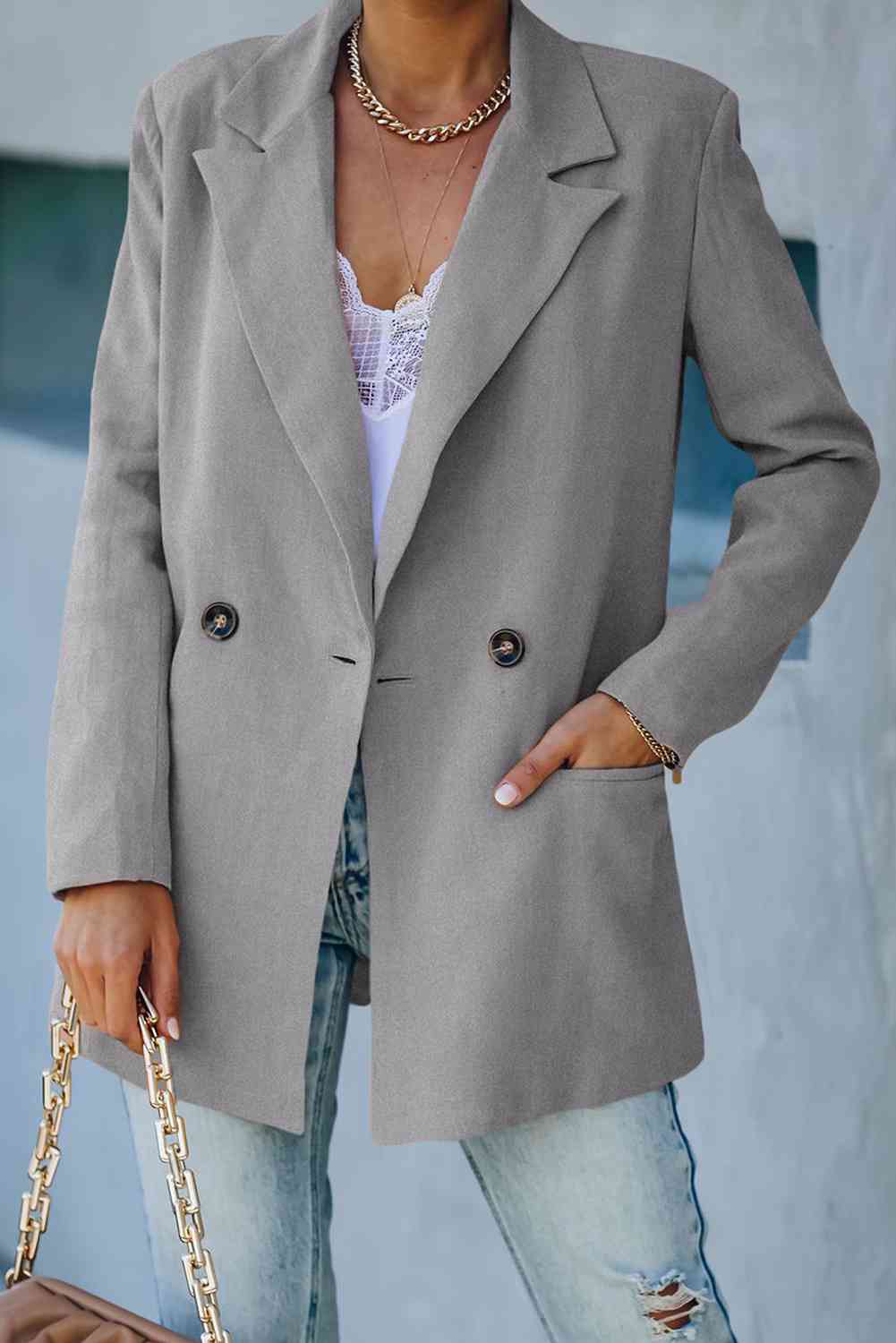 Double Take Double-Breasted Padded Shoulder Blazer with Pockets Gray / S