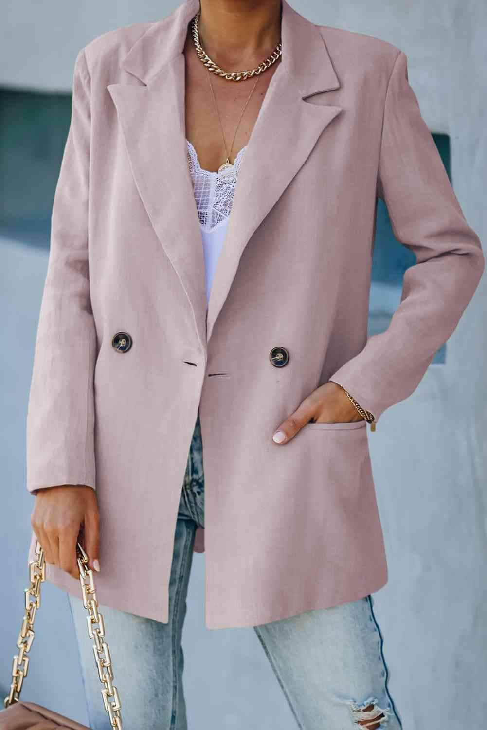 Double Take Double-Breasted Padded Shoulder Blazer with Pockets Pink / S