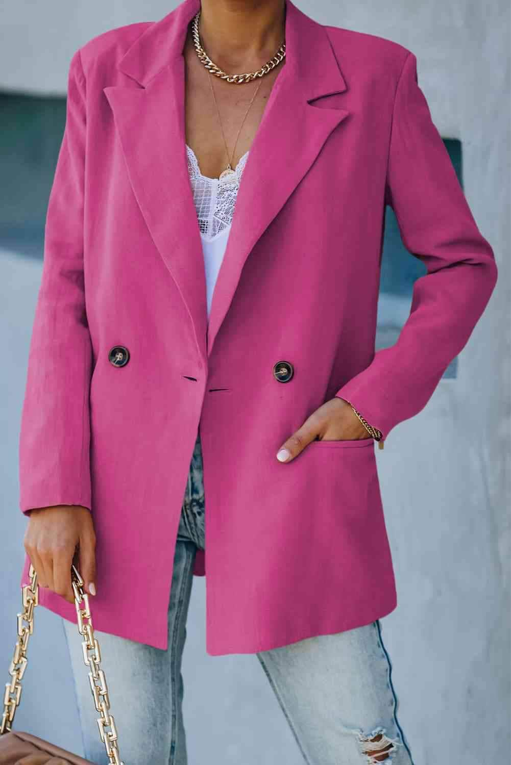 Double Take Double-Breasted Padded Shoulder Blazer with Pockets Rose / S