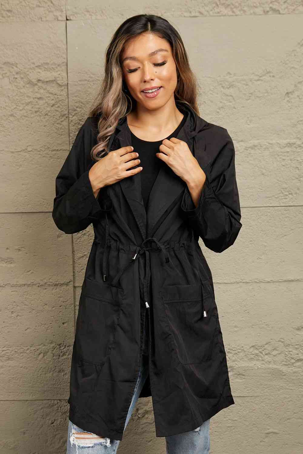 Double Take Drawstring Hooded Longline Jacket Black / S