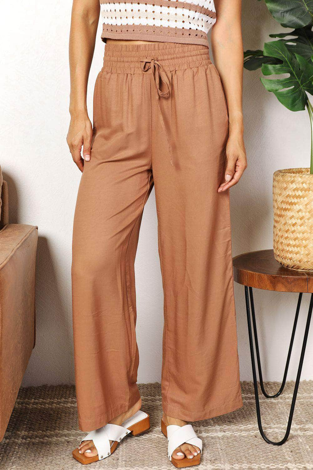 Double Take Drawstring Smocked Waist Wide Leg Pants Camel / S