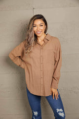 Double Take Dropped Shoulder Collared High-Low Shirt