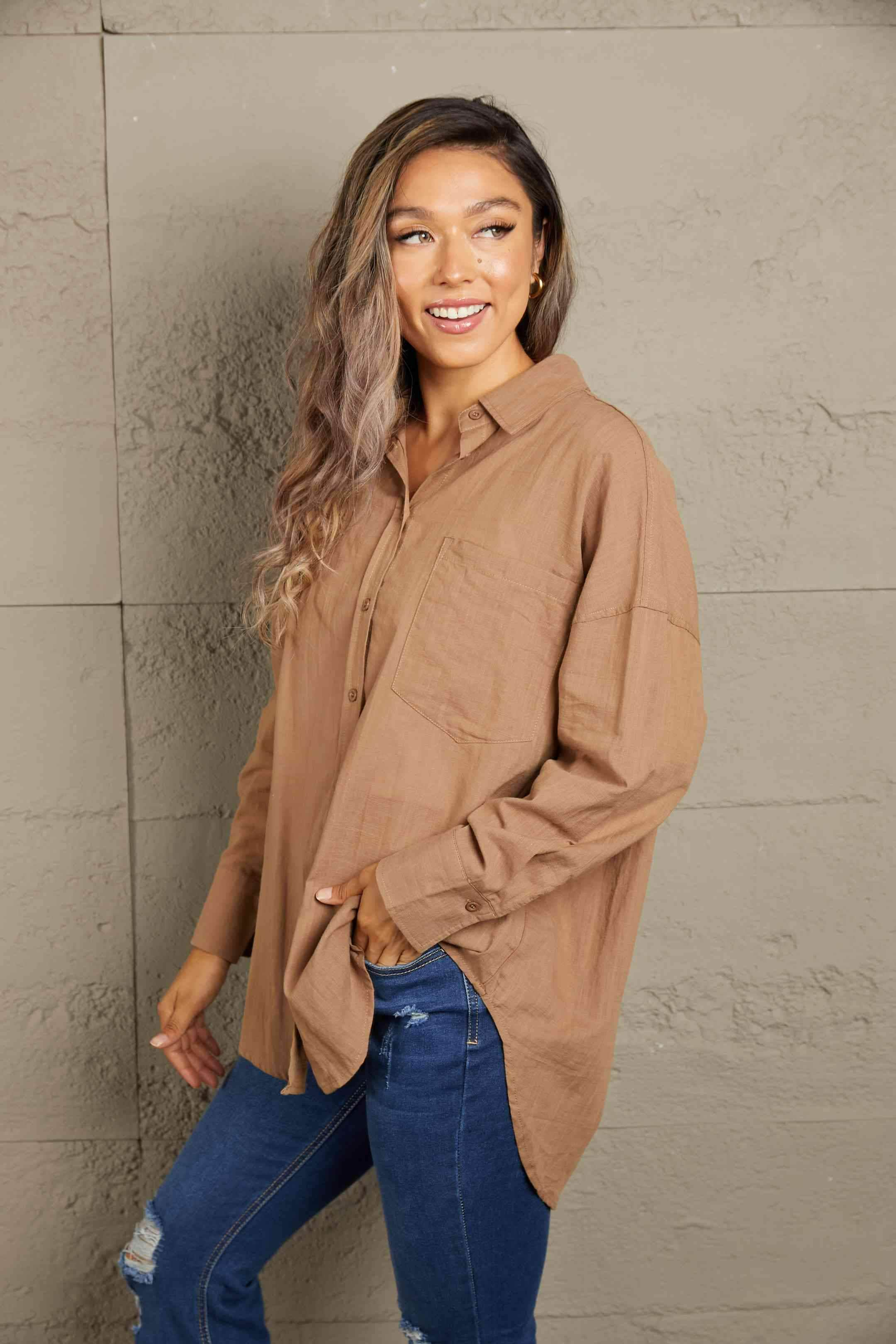 Double Take Dropped Shoulder Collared High-Low Shirt