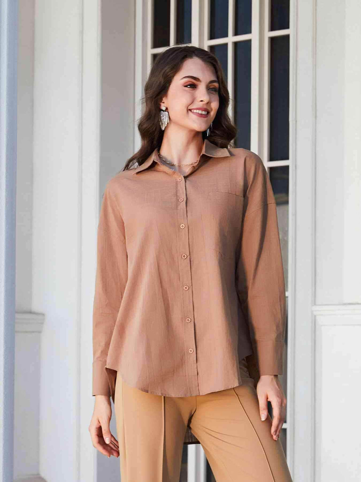 Double Take Dropped Shoulder Collared High-Low Shirt Camel / S