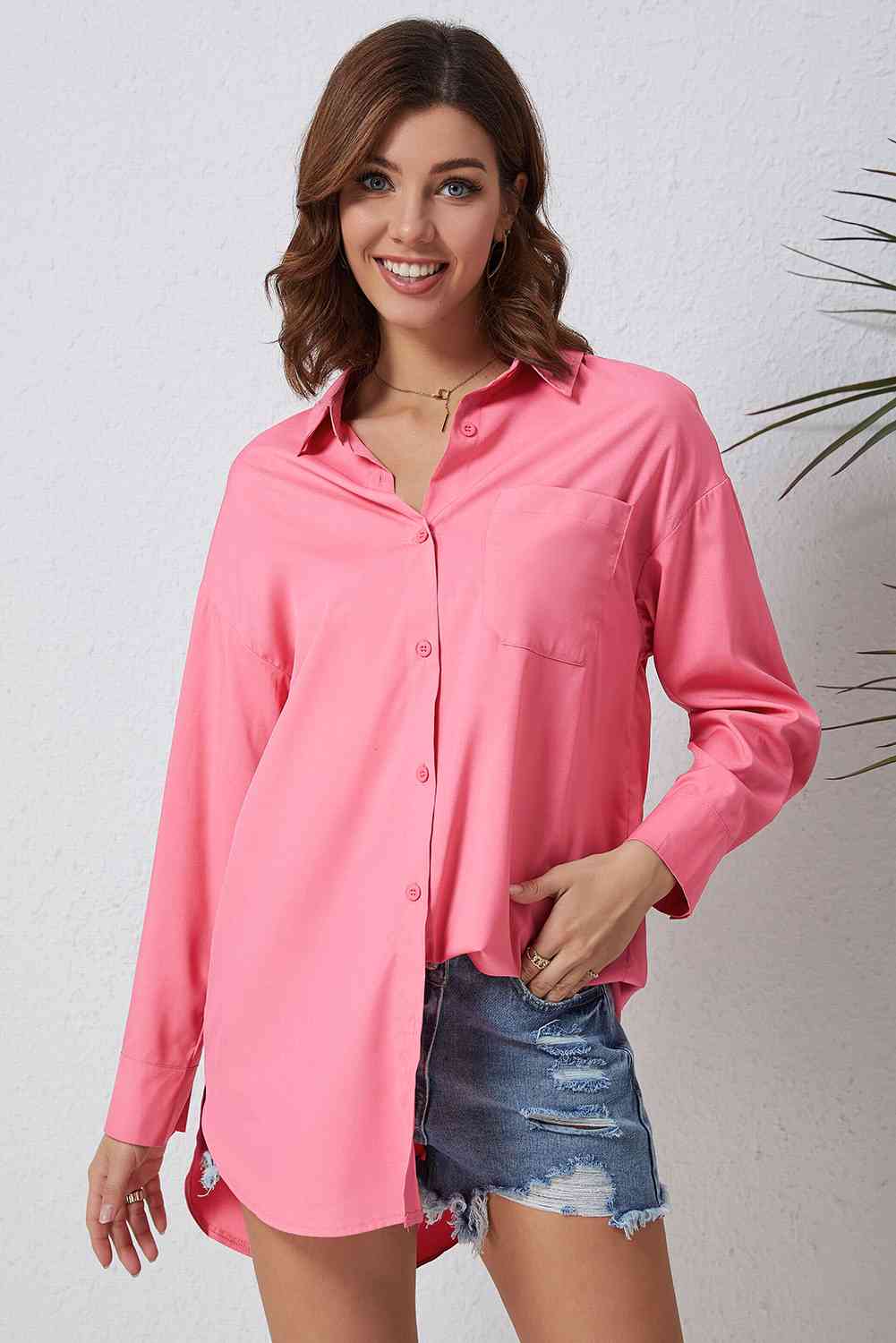 Double Take Dropped Shoulder Longline Shirt Carnation Pink / S