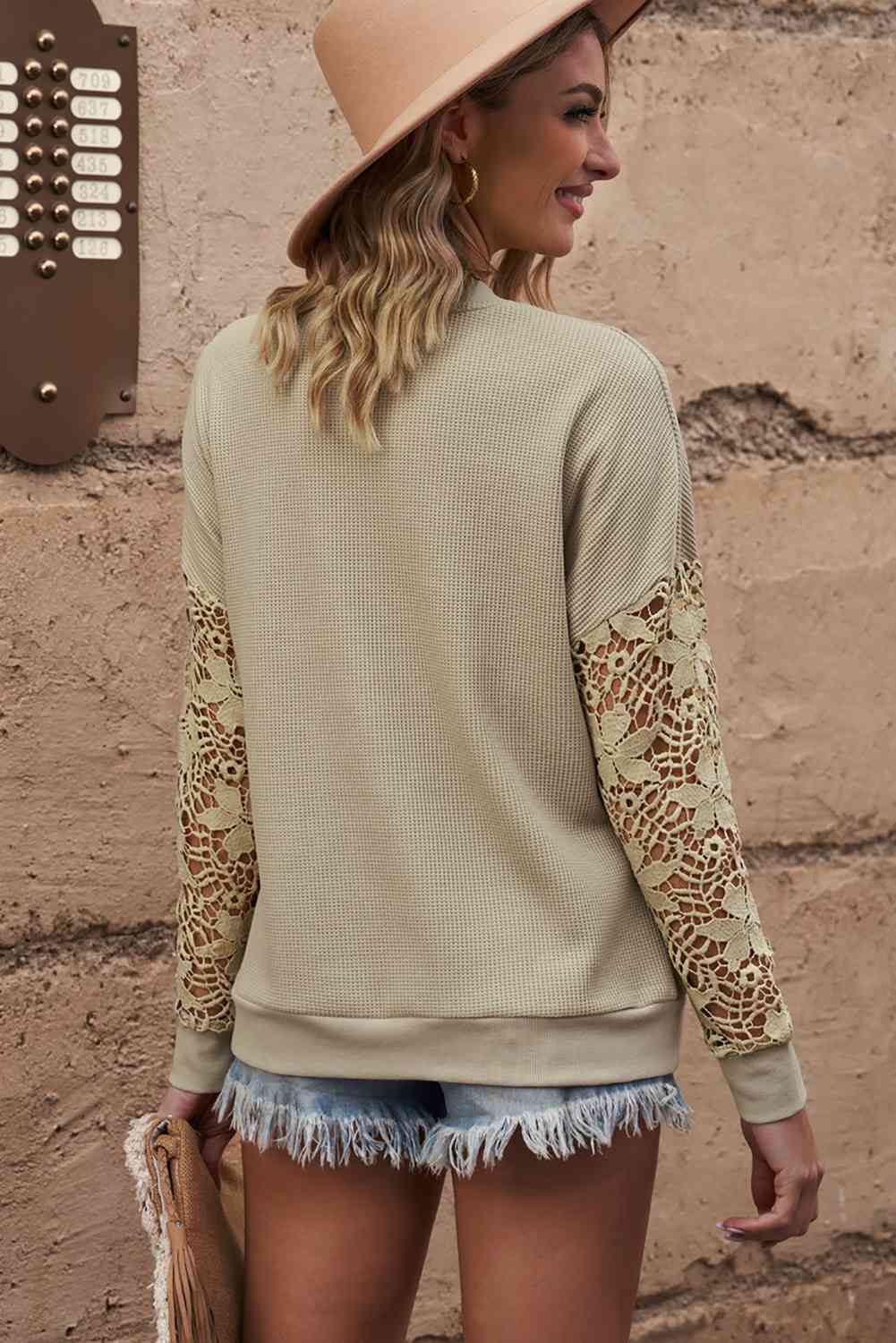 Double Take Dropped Shoulder Openwork Round Neck Sweatshirt