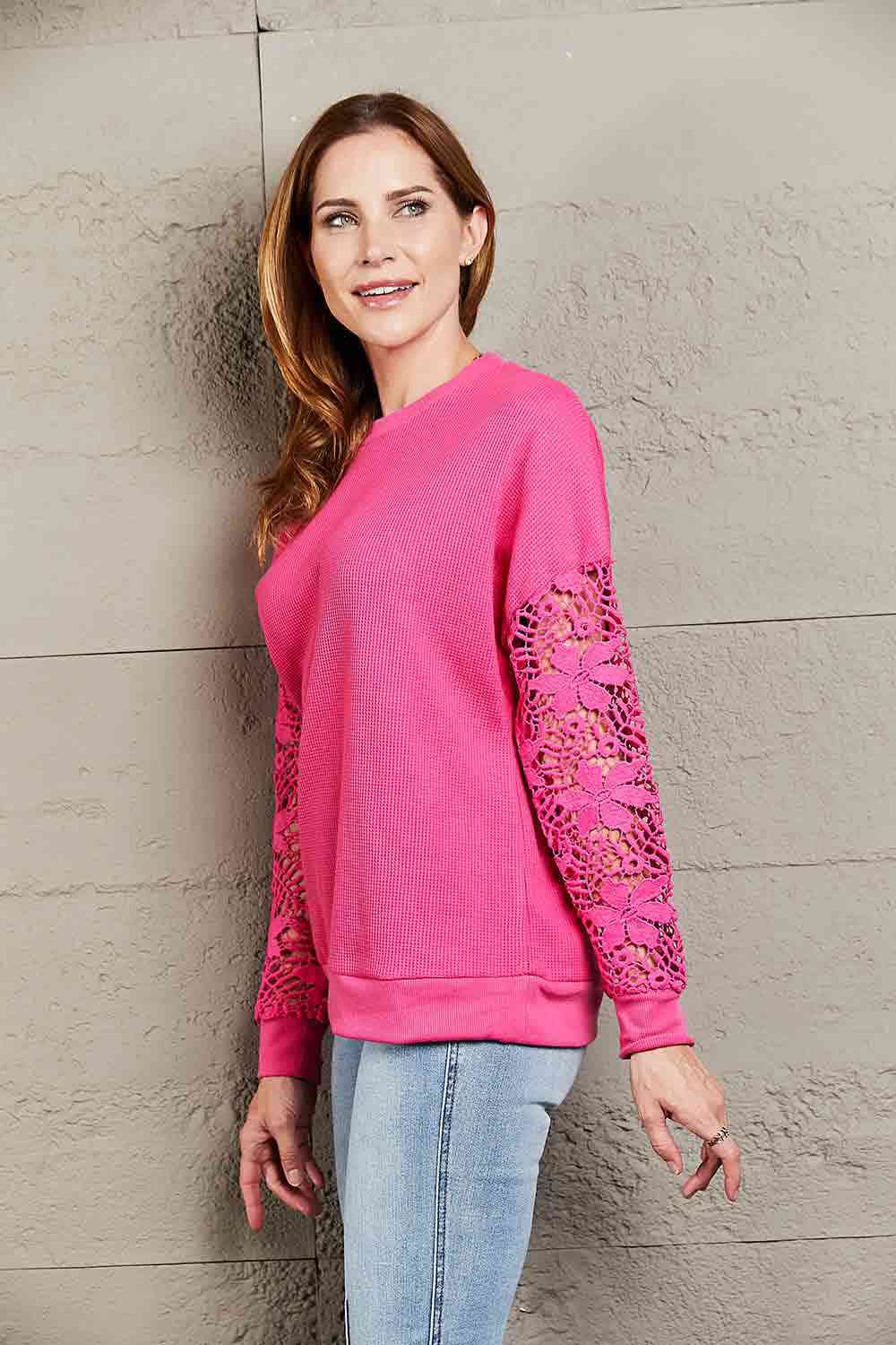 Double Take Dropped Shoulder Openwork Round Neck Sweatshirt