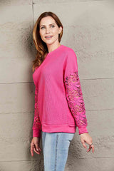 Double Take Dropped Shoulder Openwork Round Neck Sweatshirt