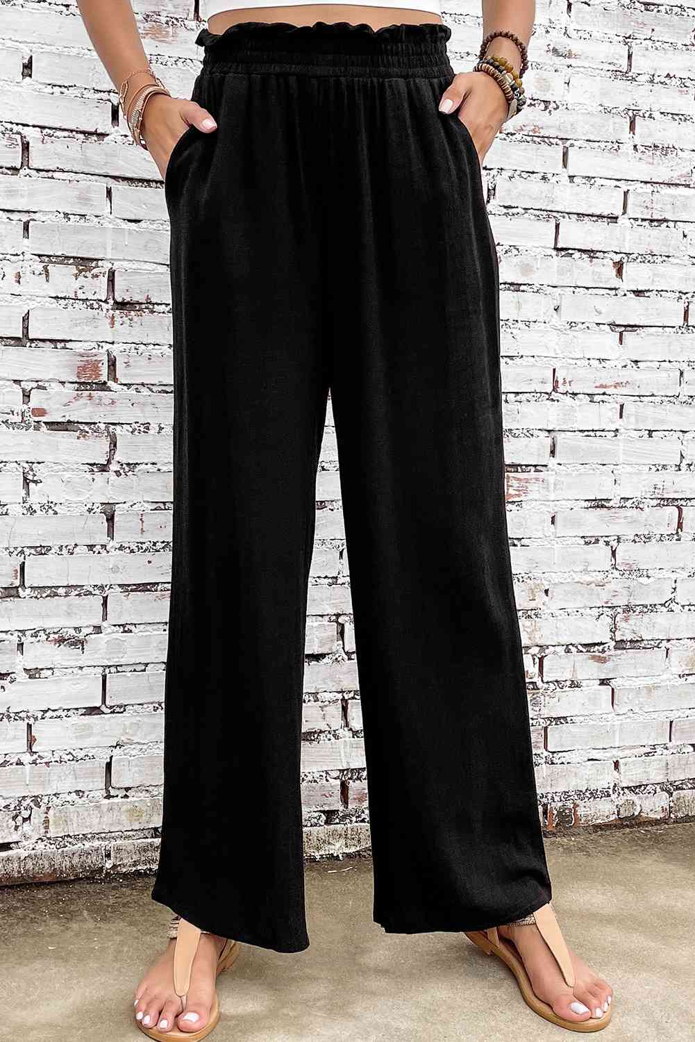 Double Take Elastic Waist Straight Leg Pants with Pockets Black / S